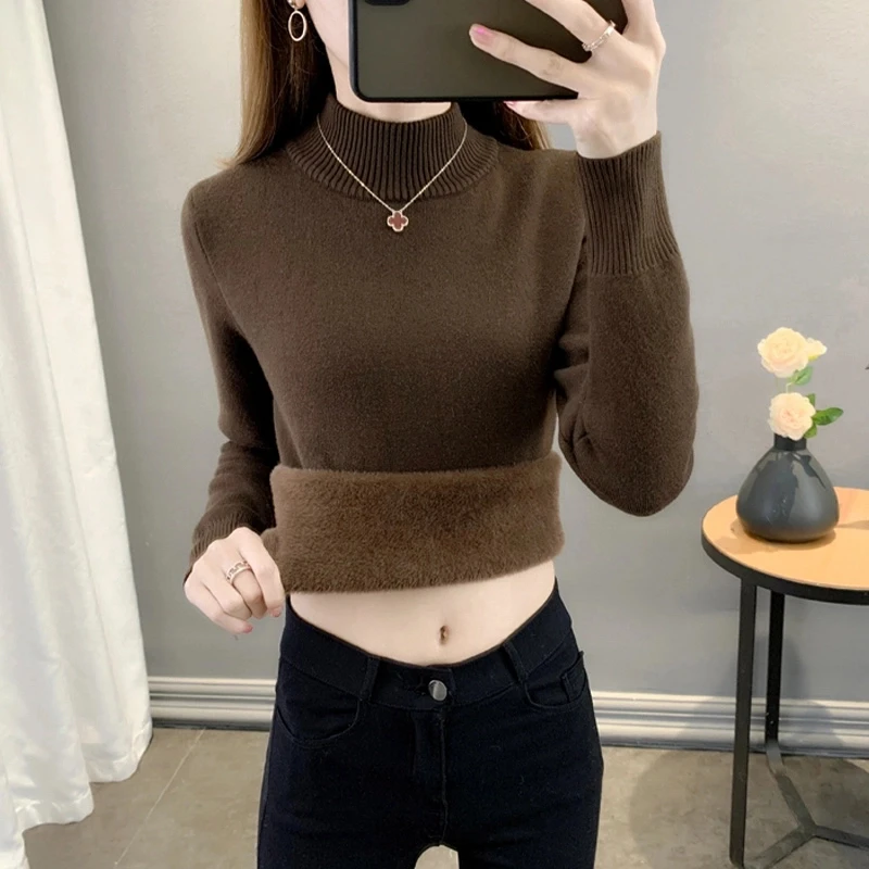 秋冬加绒毛衣女加厚一体绒内搭大码半高领套头打底针织衫保暖上衣