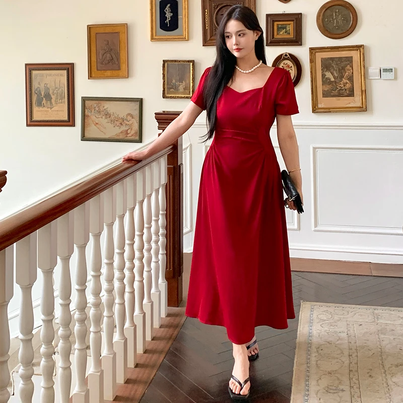 大码女装高级感夏季复古新款韩版修身气质方领纯色显瘦连衣裙2080