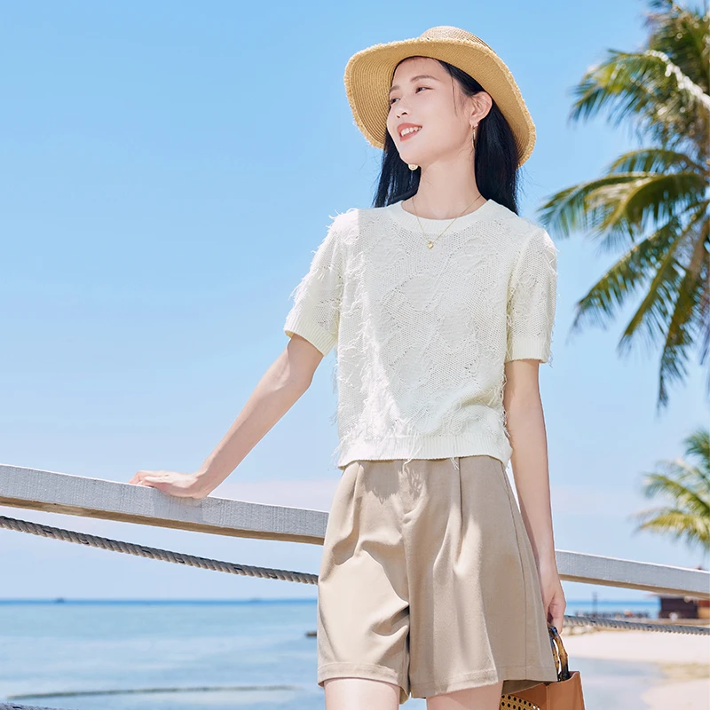 【直播专享】N842311毛针织衫 香影针织女短袖夏季新款米白设计