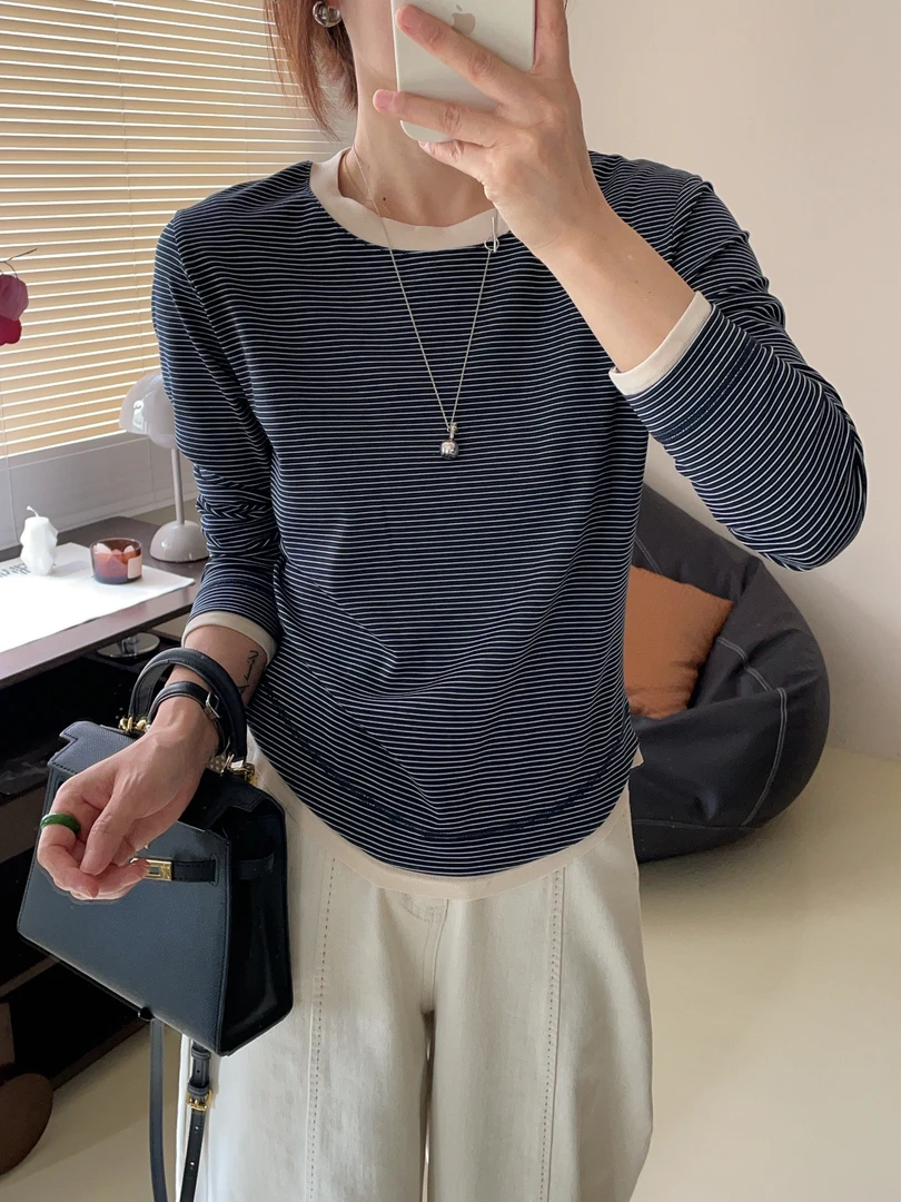 【海风】简约韩版舒适莱赛尔春秋圆领显瘦撞色长袖打底