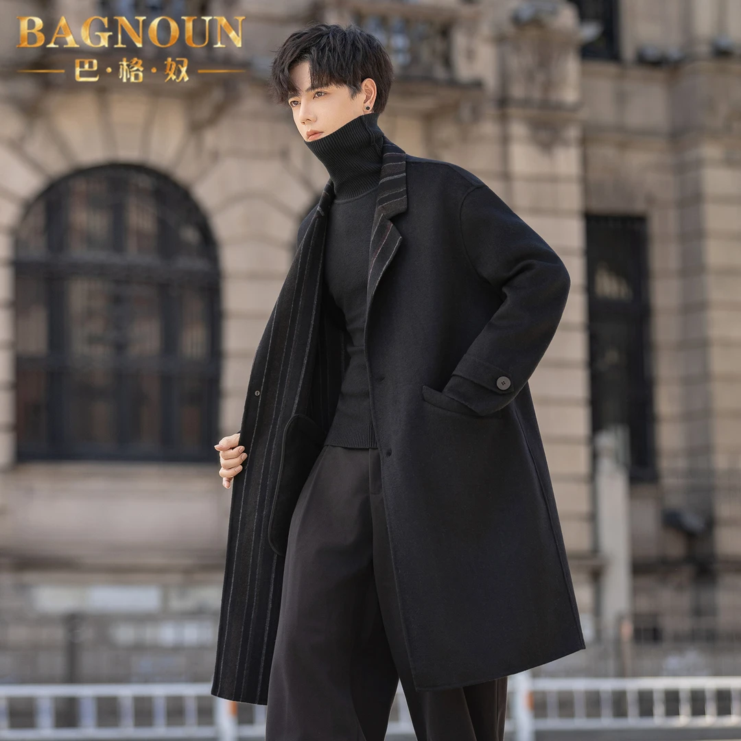 巴格奴毛呢大衣男士秋冬季新款时尚轻奢羊毛中长款韩版双面绒外套