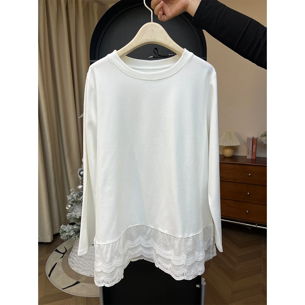 大码女装秋冬款小清新休闲洋气拼接蕾丝下摆花边长袖T恤女装大码