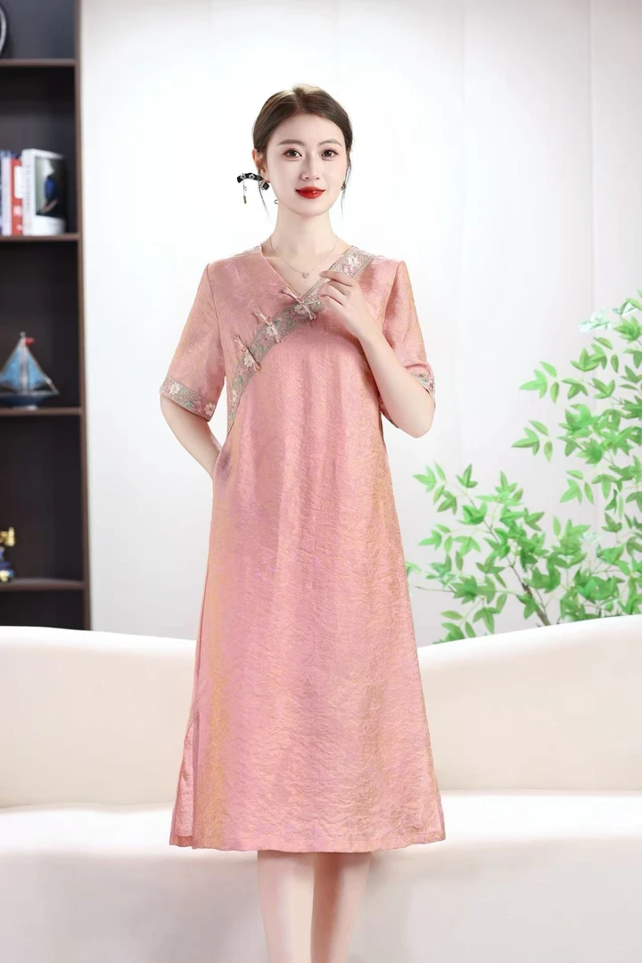 夏季新款25626短袖气质长裙女装时尚减龄百搭高贵开裙子