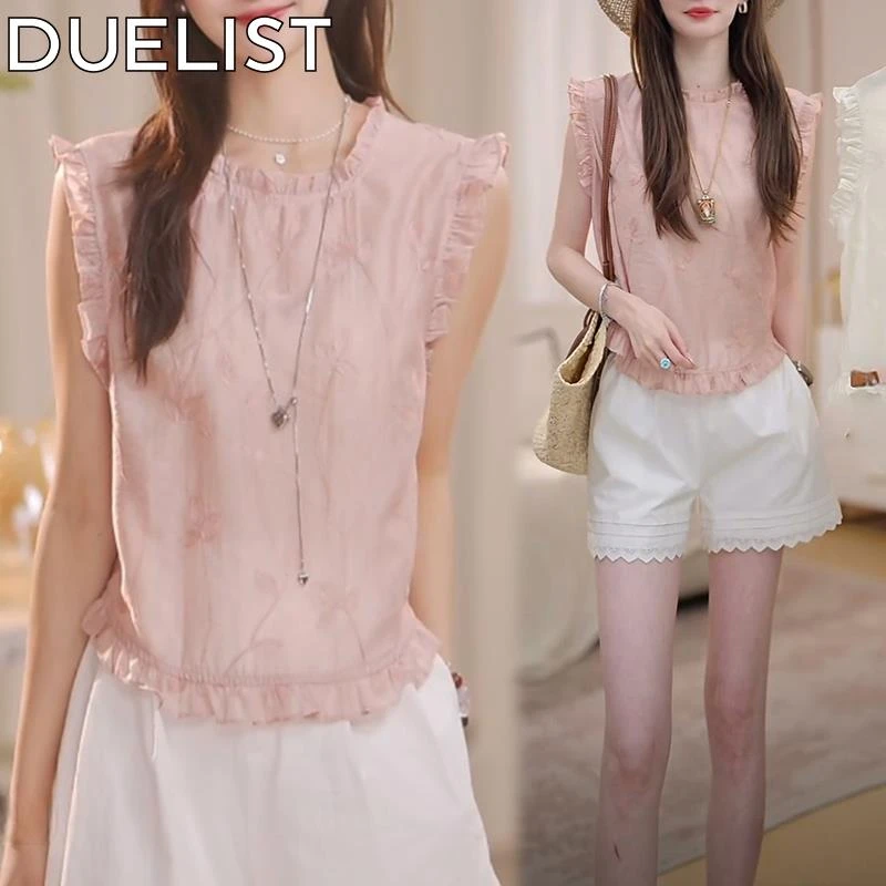 DUELIST时尚一整套韩系时尚减龄木耳边钩花无袖上衣五分裤两件套