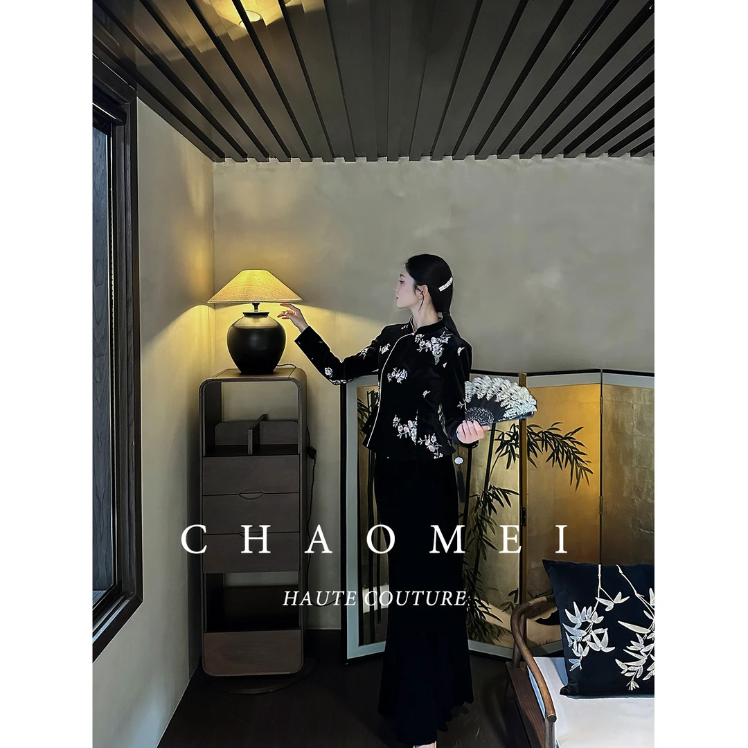 冯（CHAOMEI【墨花辞】秋季立领随机花型长袖新中式短外套人造丝半裙