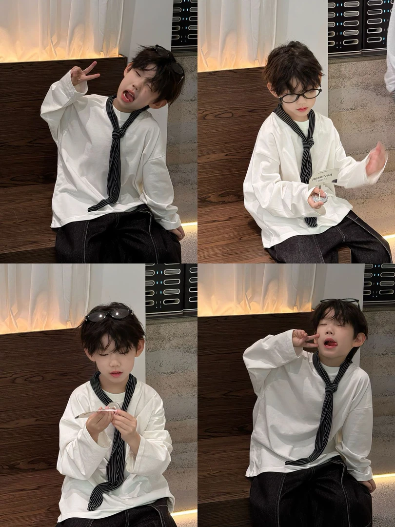 男童T恤2025秋季新款儿童百搭宽松休闲学院风打底衫纯色韩版时尚