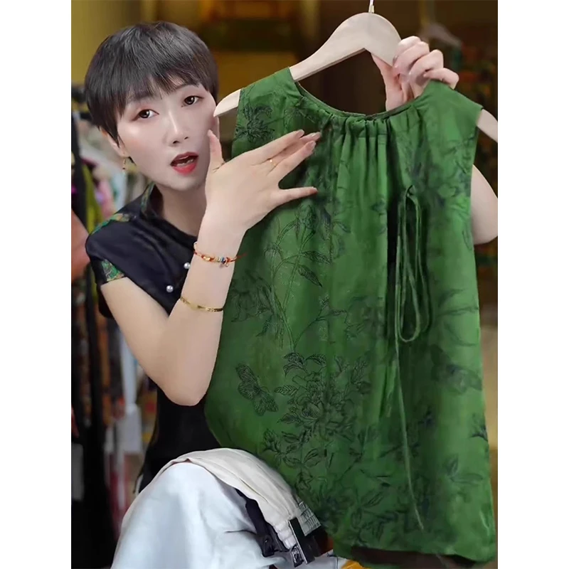 唐装女装中国风年轻款高端减龄复古改良旗袍新中式碎花上衣绿色夏