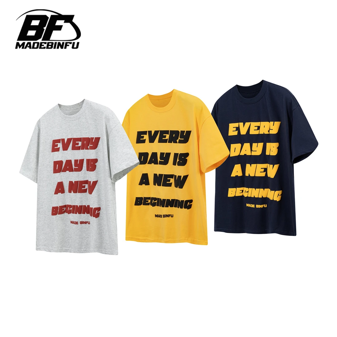 BINFU 夏季新款 美式街头风发泡英文印花 男女情侣装宽松短袖T恤