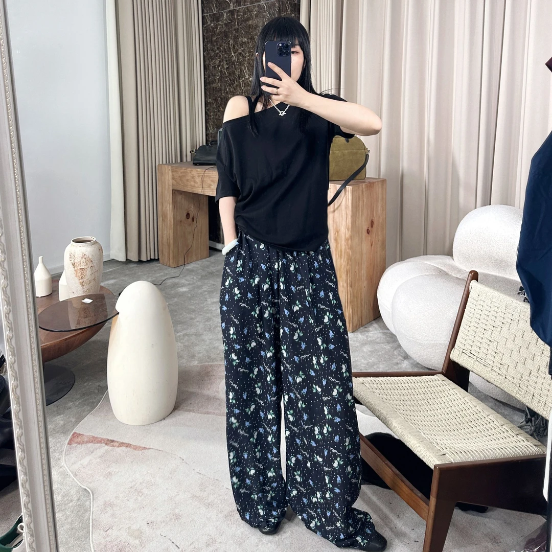 infobyfive福利夏季新款显瘦复古薄款韩版碎花重工长裤NF0504173