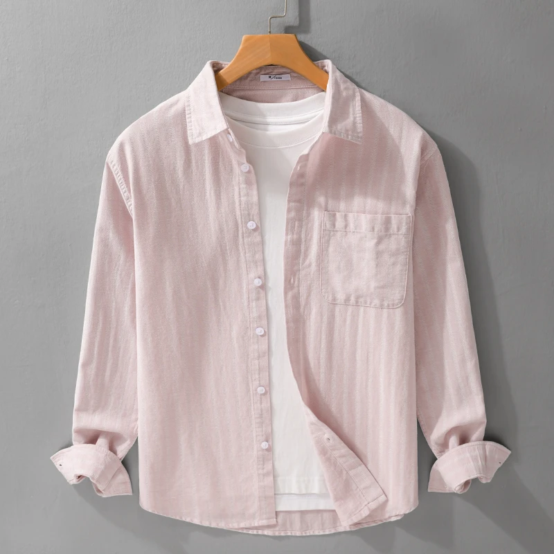 小清新条纹长袖衬衫男装春秋季纯棉文艺休闲时尚潮流百搭薄款衬衣