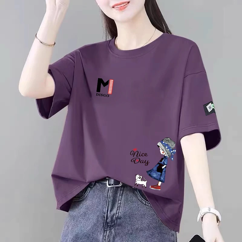 100%纯棉短袖t恤女夏季新款休闲宽松洋气印花减龄遮肚圆领上衣ins