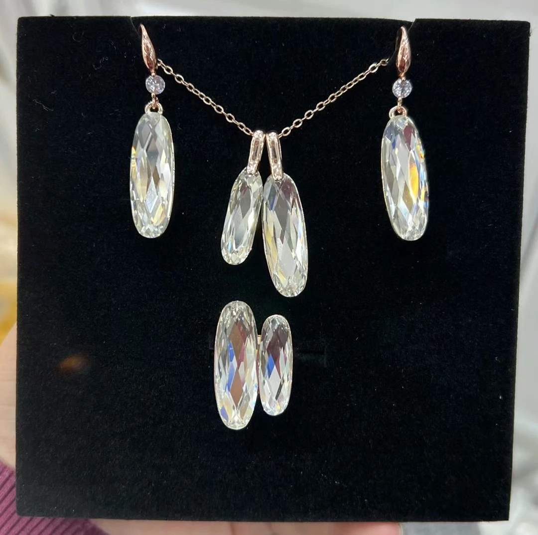 合金玻璃项链 民族风奥地利水晶双吊坠首饰套装