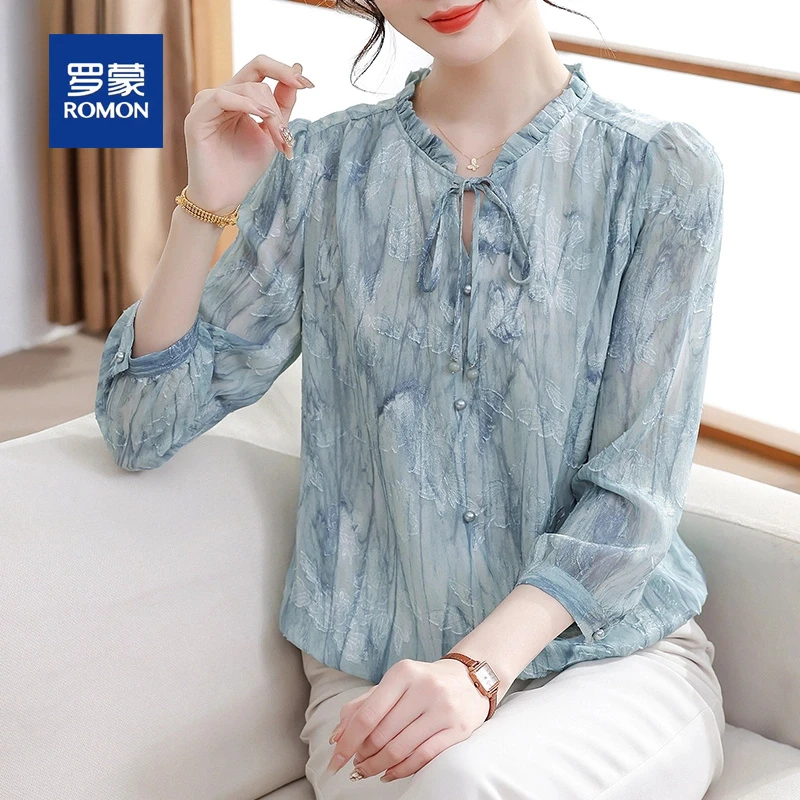 罗蒙妈妈装2025新款洋气雪纺上衣春夏季套装纱袖小衫中老年女T恤