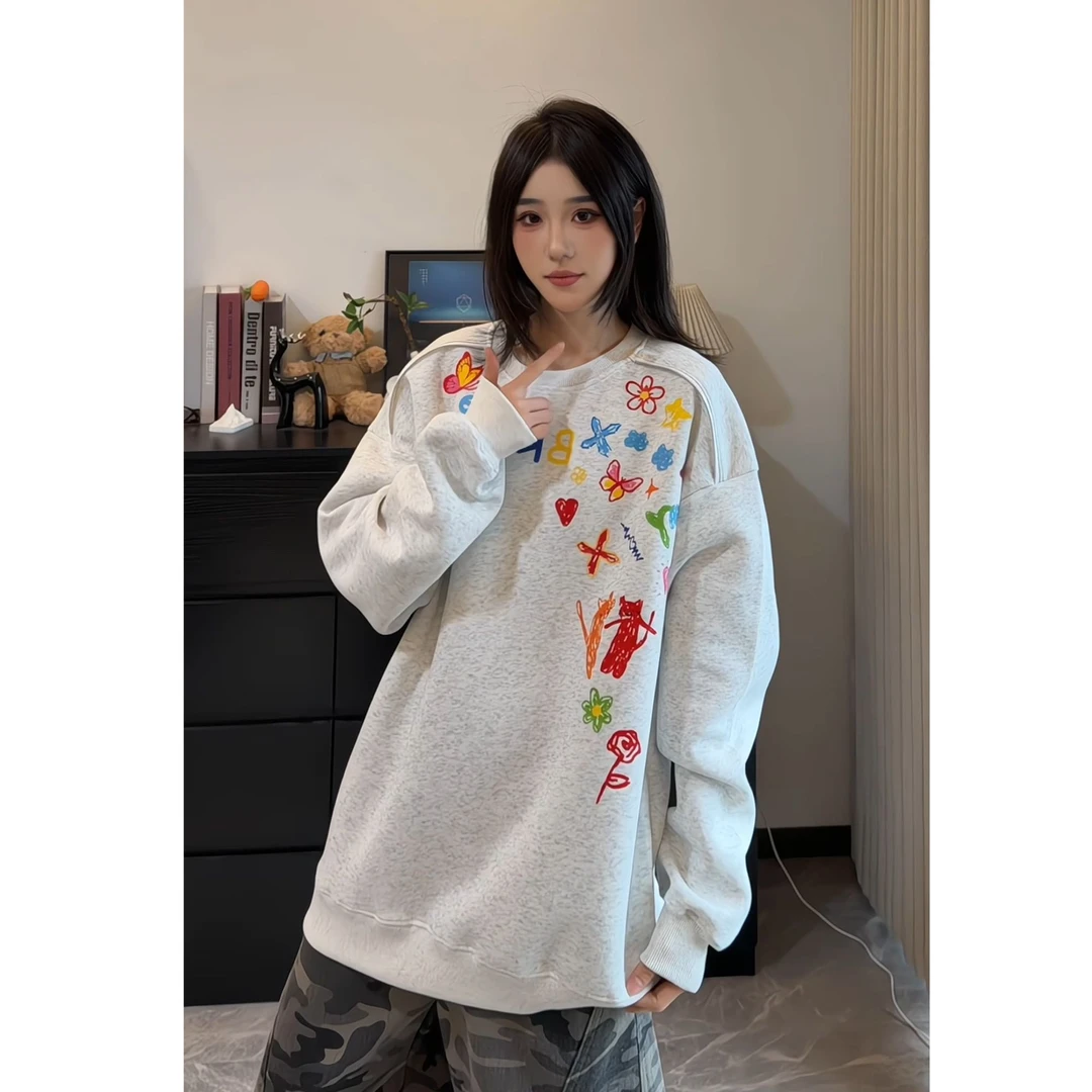 美式潮牌印花圆领卫衣男秋冬新款重磅字母时尚拉链设计感小众上衣