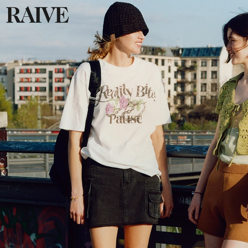 【RAIVE】2025夏季新款宽松印花做旧复古玫瑰短袖T恤洋气衣服女