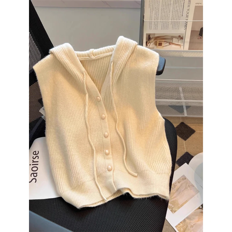 2025新款秋冬宽松外穿针织背心毛衣坎肩秋冬叠穿连帽马甲女士外套