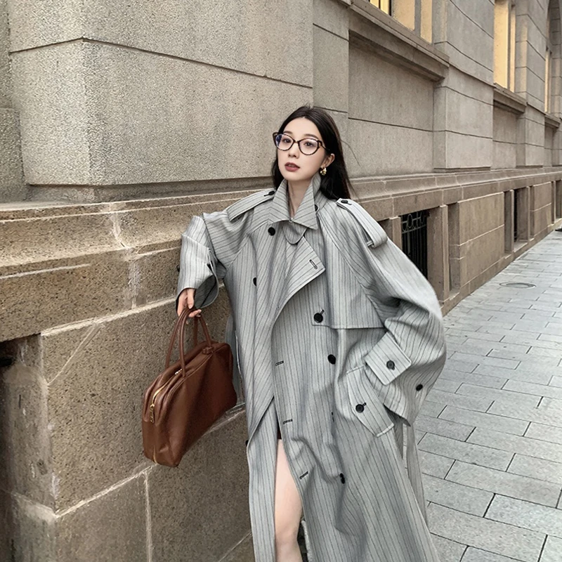 双排扣条纹风衣外套女秋季宽松高级感系带廓形中长款大衣F420