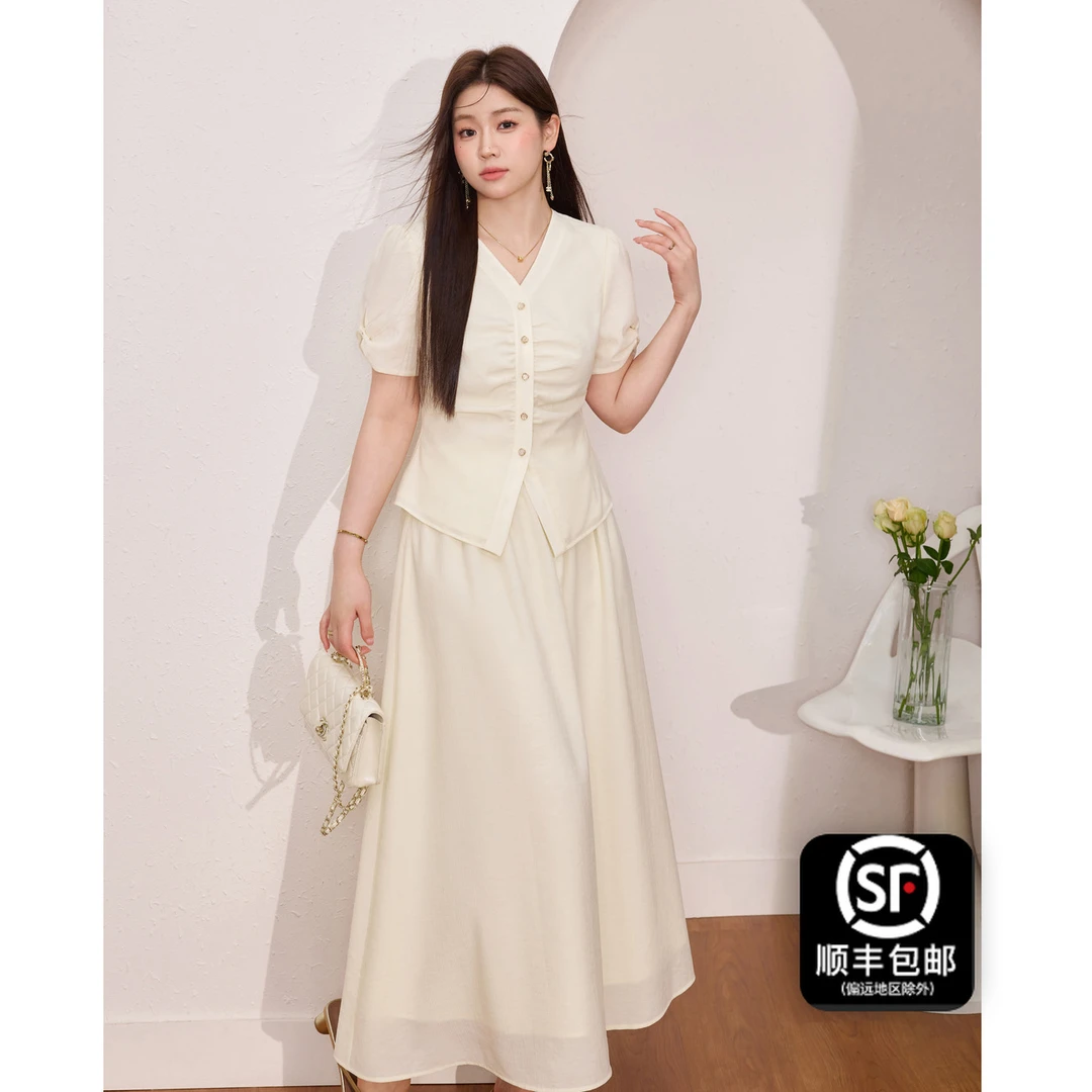 蓝语大码女装法式优雅抽褶显瘦短袖小衫轻薄半身裙夏季套装11241