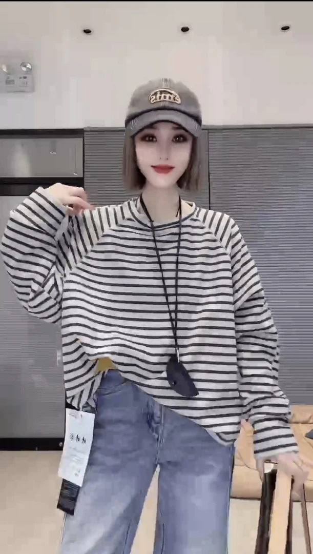长袖t恤女2025新款韩版宽松插肩袖条纹显瘦上衣休闲百搭气质时尚