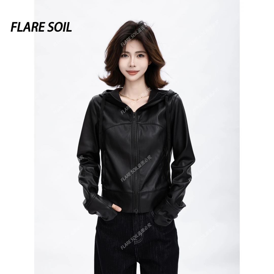 【FLARE SOIL】酷帅连帽皮衣短外套上衣秋款欧美穿搭皮外套 T4780A