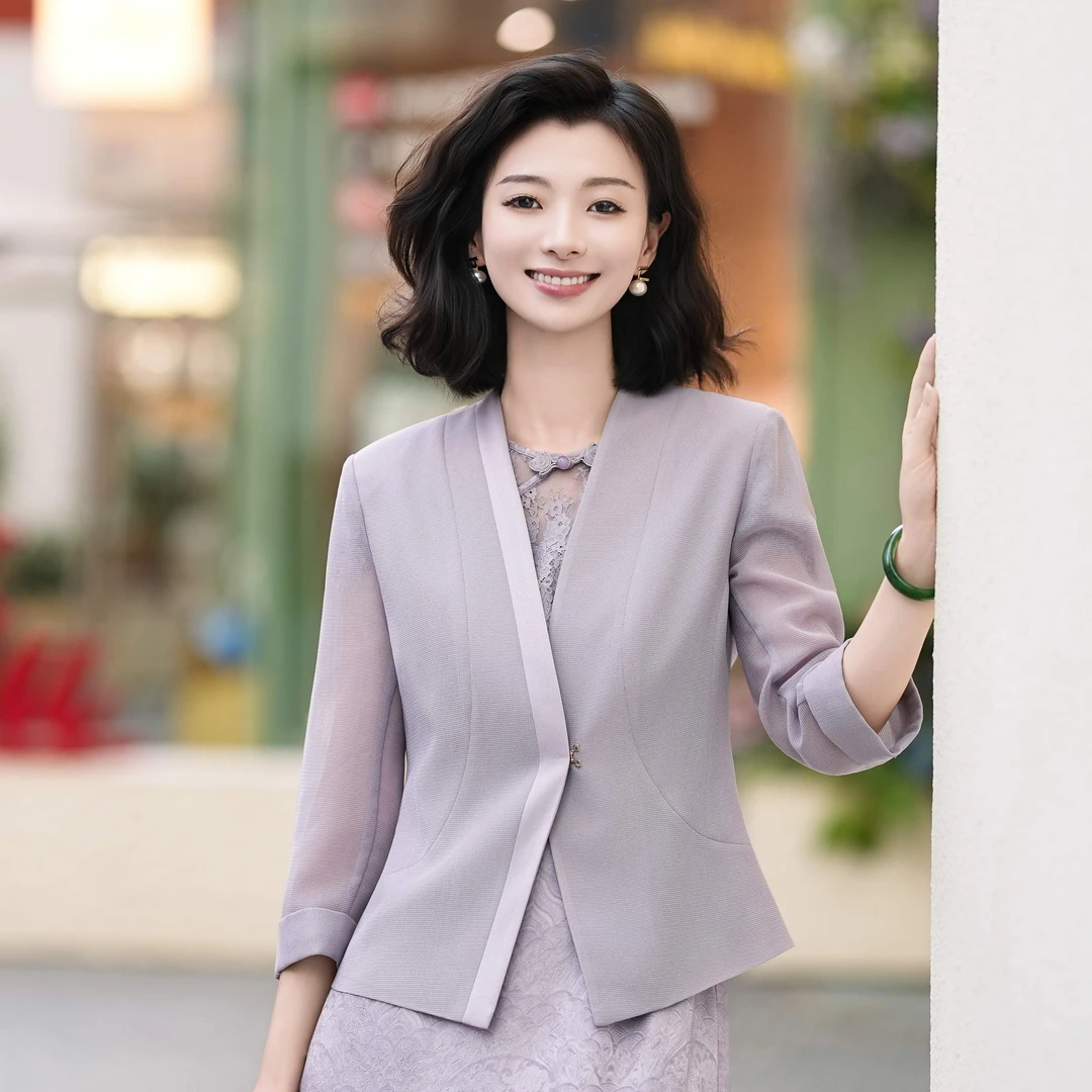 西子/【迷雾玫瑰】醋酸叶脉格绞综立体剪裁灰紫色西装外套/WTTJ252