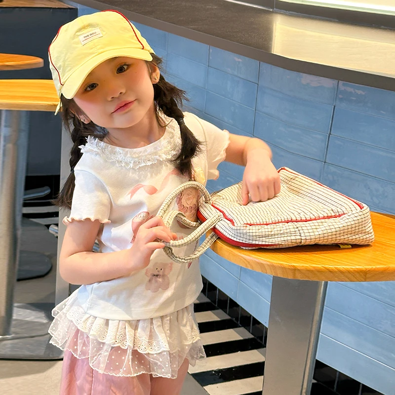 6171女童短袖T恤洋气2025夏装新款女宝宝小童蕾丝上衣工装裤两件