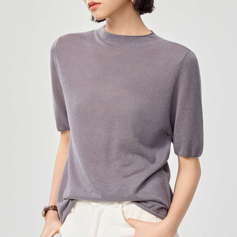 天丝亚麻气质半高领套头短袖女装莱塞尔T恤时尚宽松百搭纯色上衣