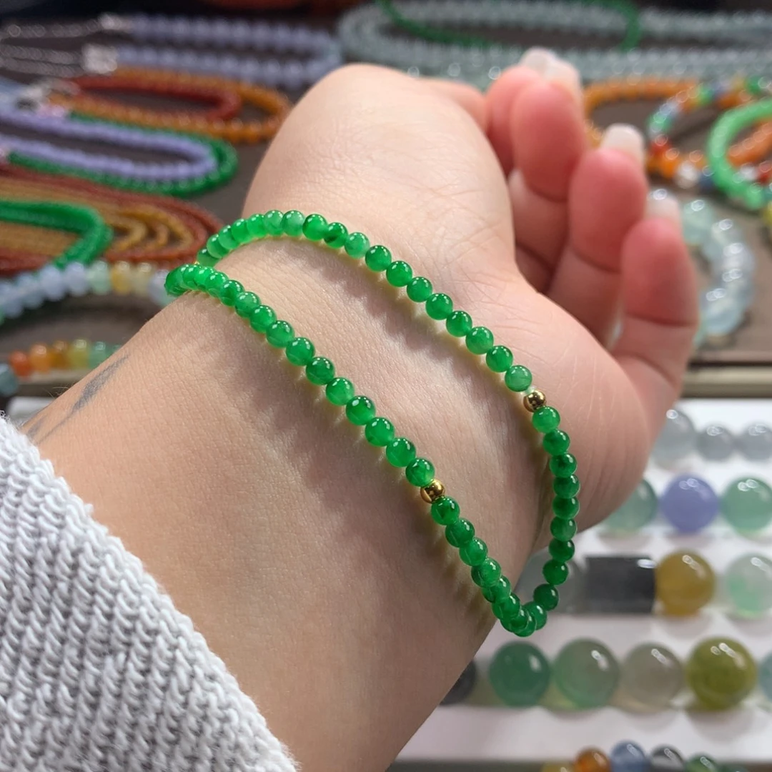 翡翠未镶嵌手链冰浓阳绿小米单圈手链3.1~3.5
