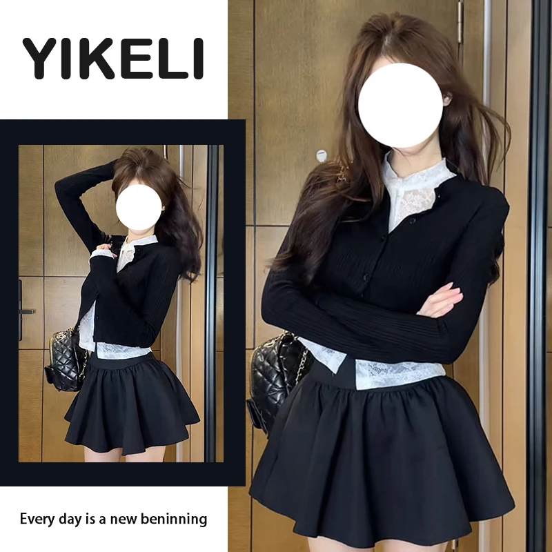 春季一整套女装2025新款韩版蕾丝打底衫短款针织毛衣短裙三件套装