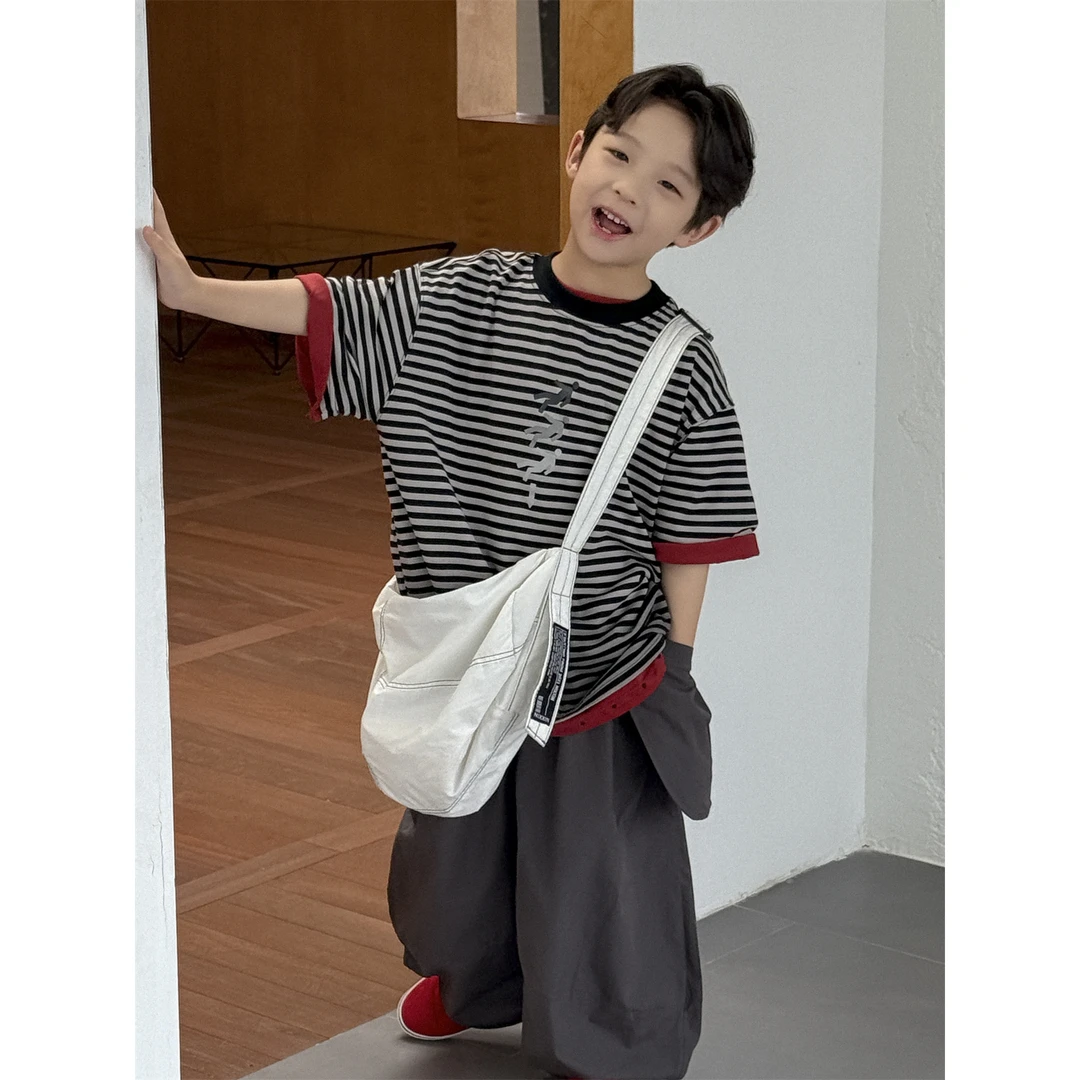 in 爱：nl25夏男童T恤儿童百搭条纹短袖韩版时尚休闲半袖潮童90783