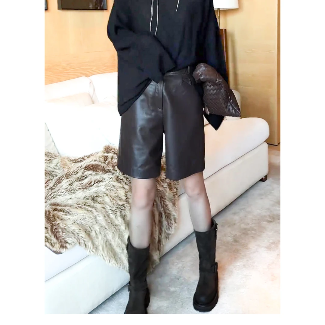 简直好看到炸！网红美拉德咖色皮裤短裤女秋季时尚显瘦宽松直筒裤