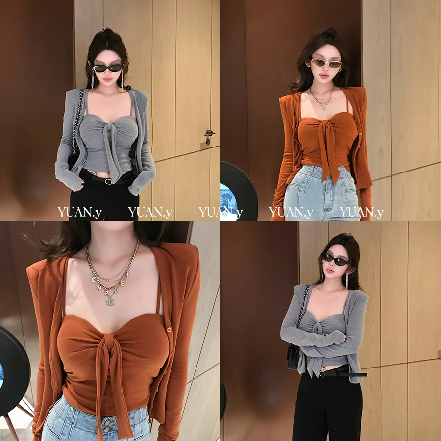 媛媛【韩系欧尼】新款纯欲辣妹百搭秋季时尚套装(背心+开衫)#TZ0790