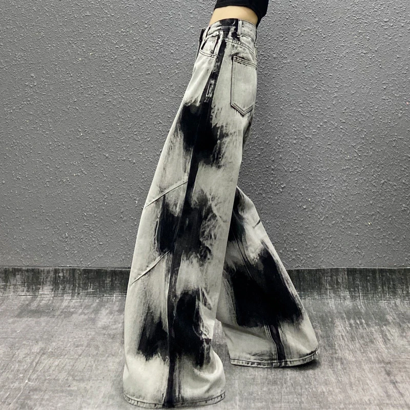 扎染色设计感垂感休闲牛仔裤女春新款高腰宽松显瘦百搭直筒阔腿裤