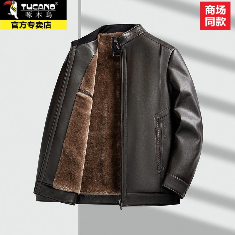 啄木鸟秋冬中老年男士加绒皮衣爸爸冬装加厚保暖皮夹克男中年外套