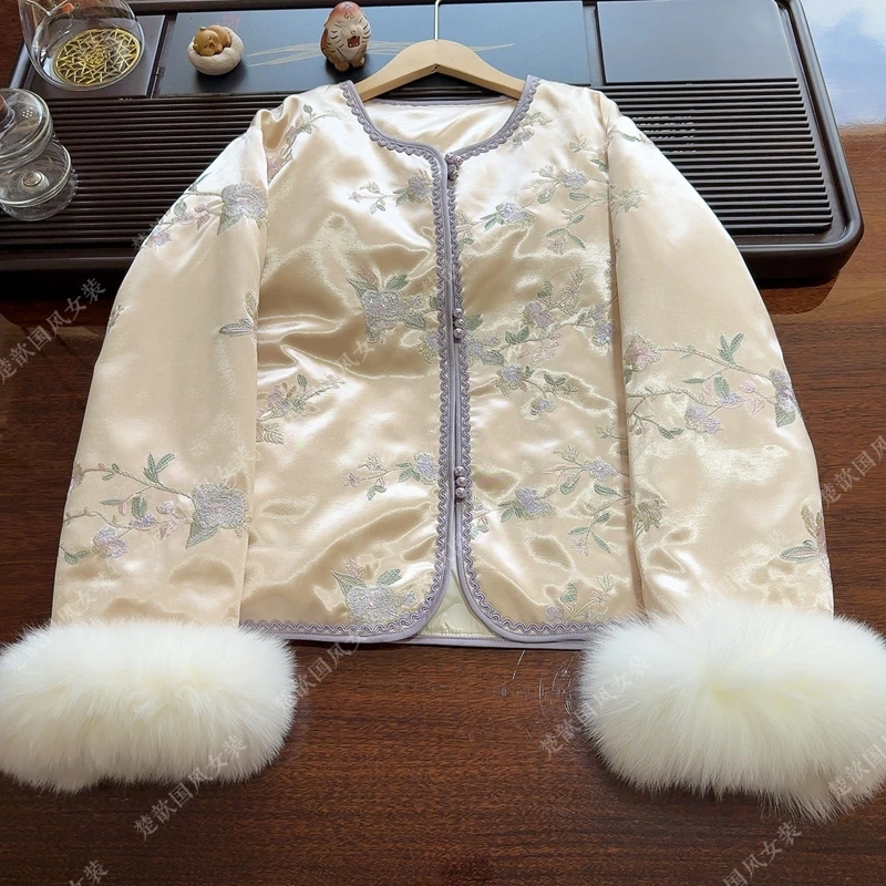 【白茶清欢】2025新中式羽绒服狐狸毛新款冬季加厚绣花国风羽绒外套