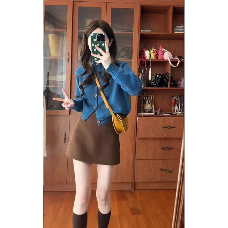 韩系松弛感穿搭套装女秋冬立领克莱因蓝针织上衣高腰a字裙两件套