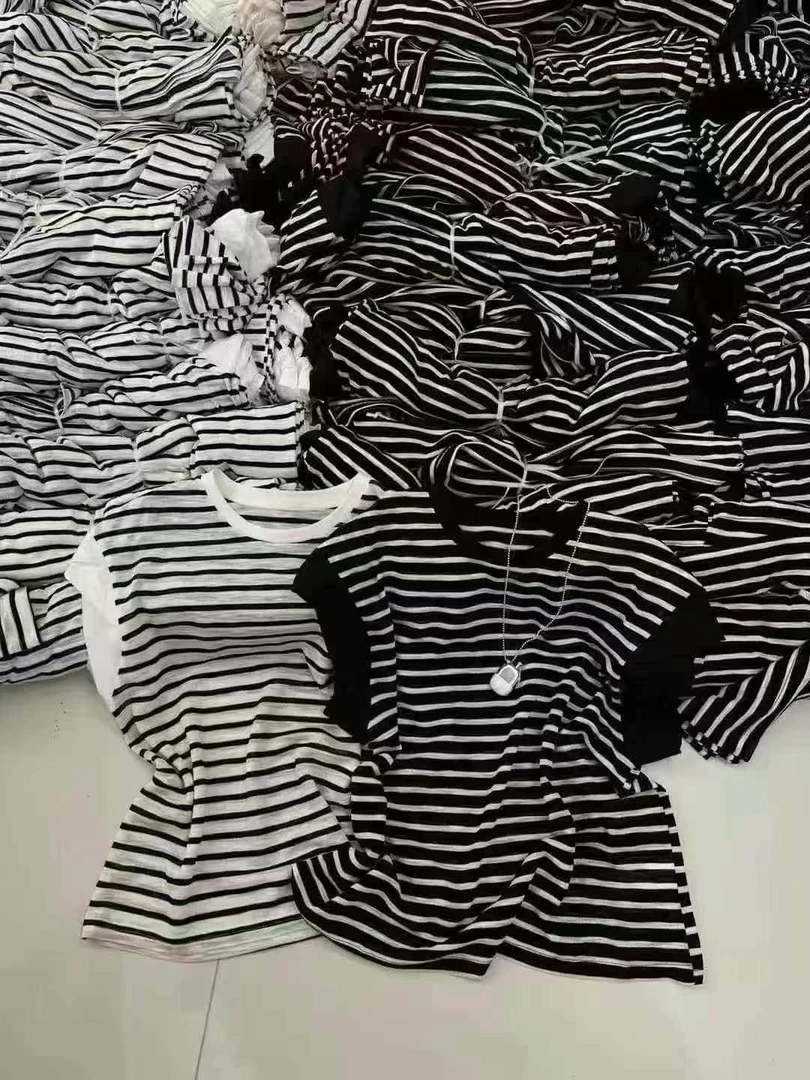 【蜜蜜家】夏季新款圆领常规轻职风条纹T恤夏季休闲百搭短袖