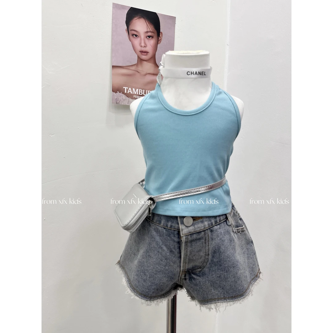 小粉象·夏季新款韩版洋气辣妹挂脖无袖吊带百搭休闲牛仔短裤套装