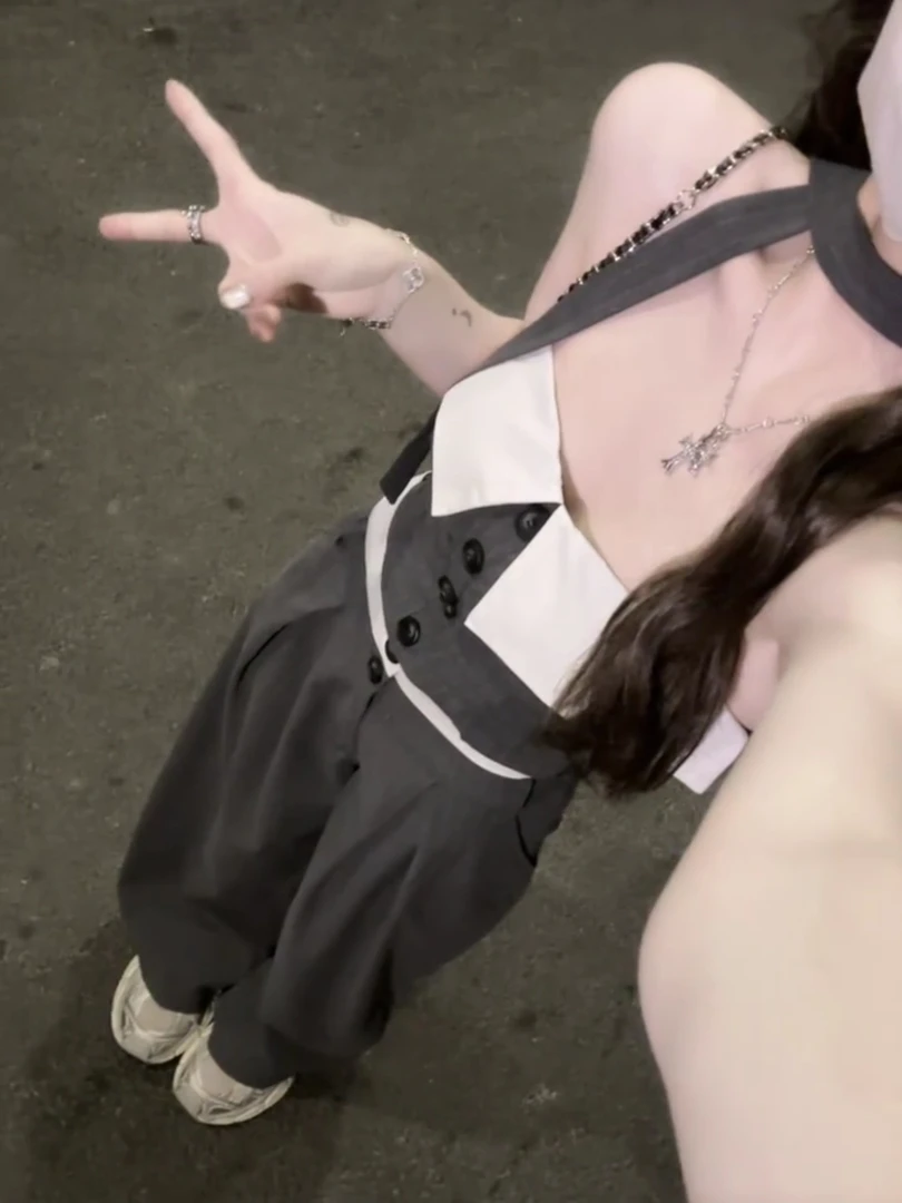 撞色拼接一字肩抹胸背心女夏季辣妹短款上衣灰色西装阔腿裤两件套