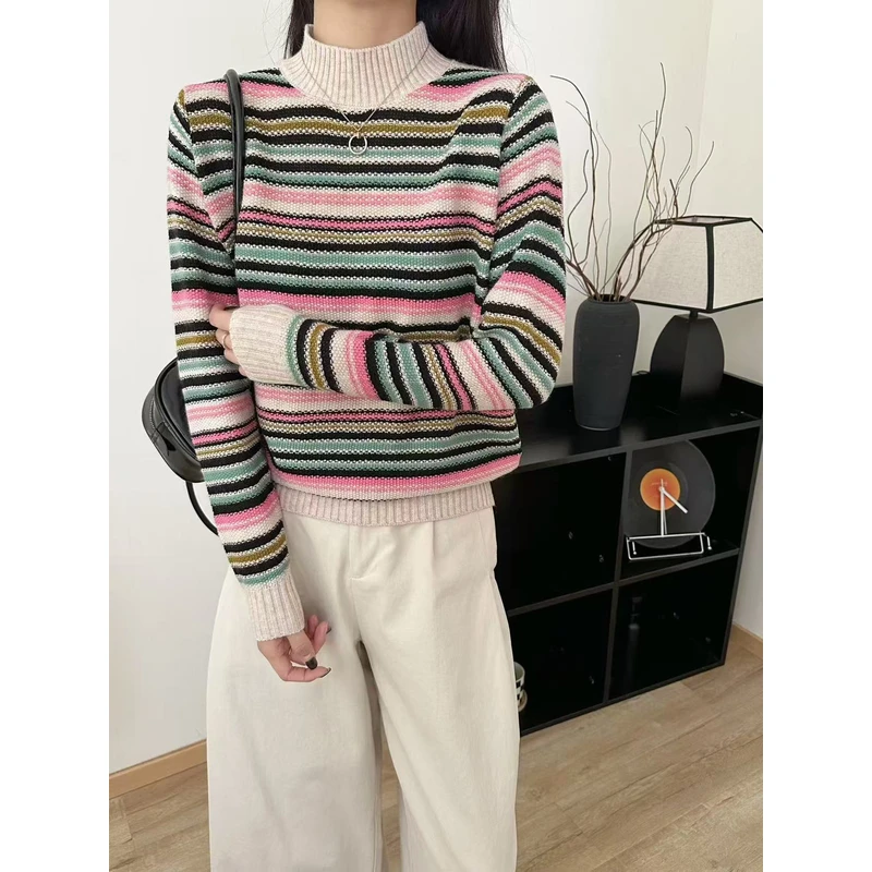 18【七彩毛衣-杏色领】2024短款毛衣外套女外搭新款洋气时尚针织衫