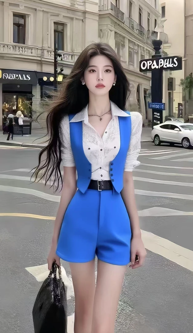 新款时尚拼接假两件不规则设计感上衣+百搭显瘦高腰短裤蓝色套装