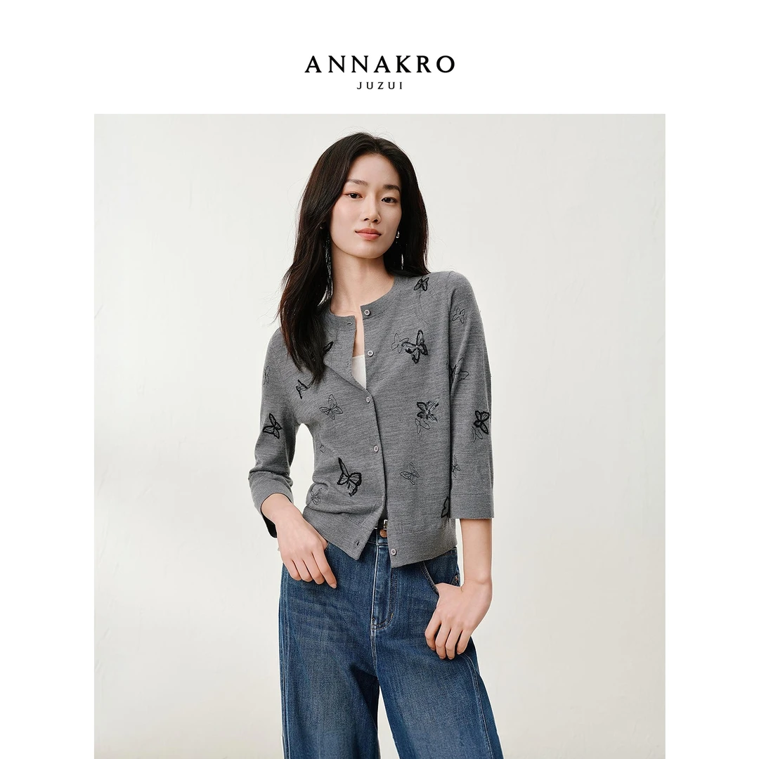 玖姿安娜蔻KWFQ30801格雷灰miu系100%绵羊毛短袖针织衫女2025秋