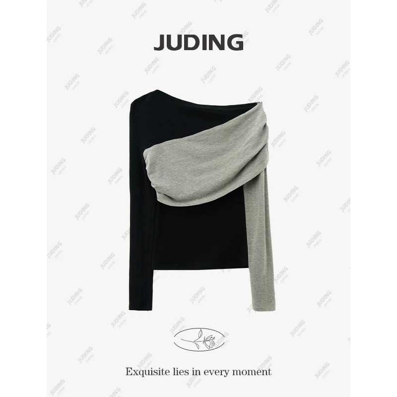 【撞色美学】新款拼接撞色长袖T恤女设计感百搭打底衫上衣8002