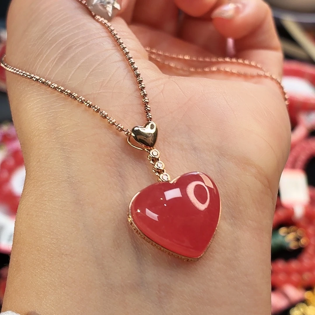 菱锰矿（红纹石）18K金镶嵌吊坠(不含链)