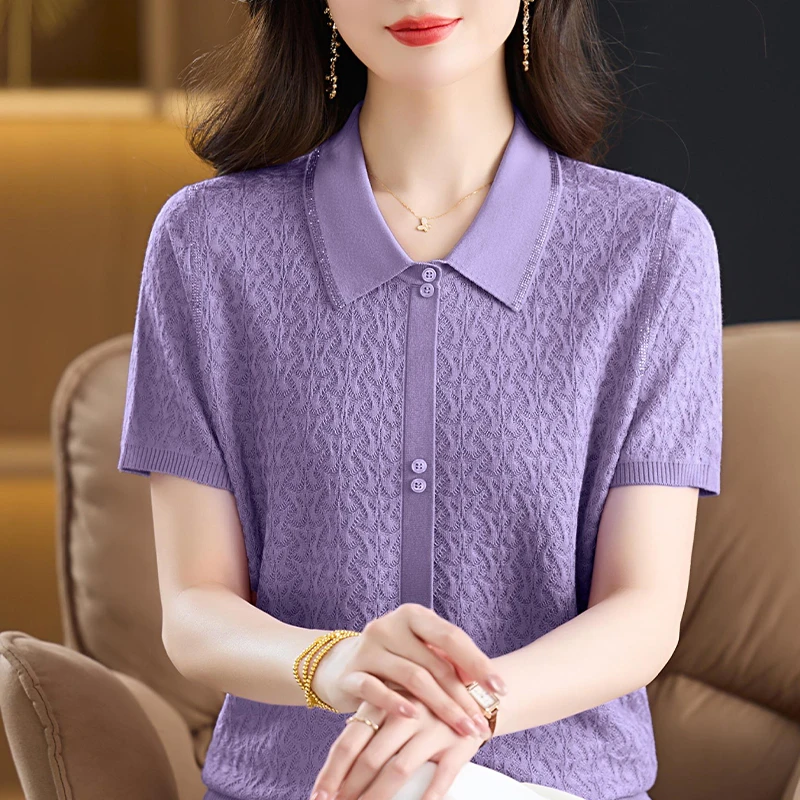 圆领针织休闲风女士冰丝POLOT恤薄款半袖ol显瘦纯色时尚气质短袖