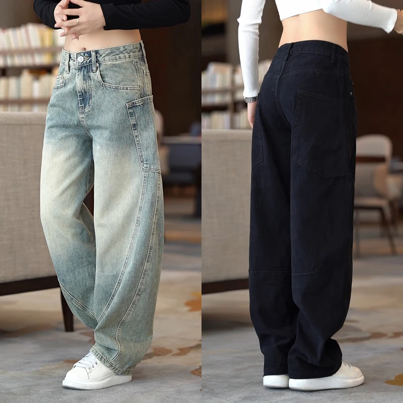 水洗复古牛仔裤男高街百搭宽松工装裤2025新款个性设计感弯刀长裤