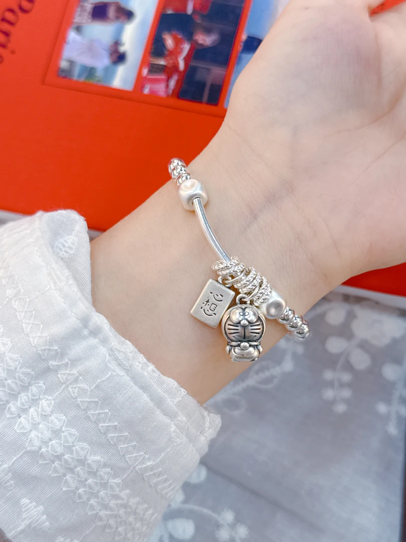 足银手链 足银999哆啦A梦心想事成手链女叮当猫手工编织银珠礼物