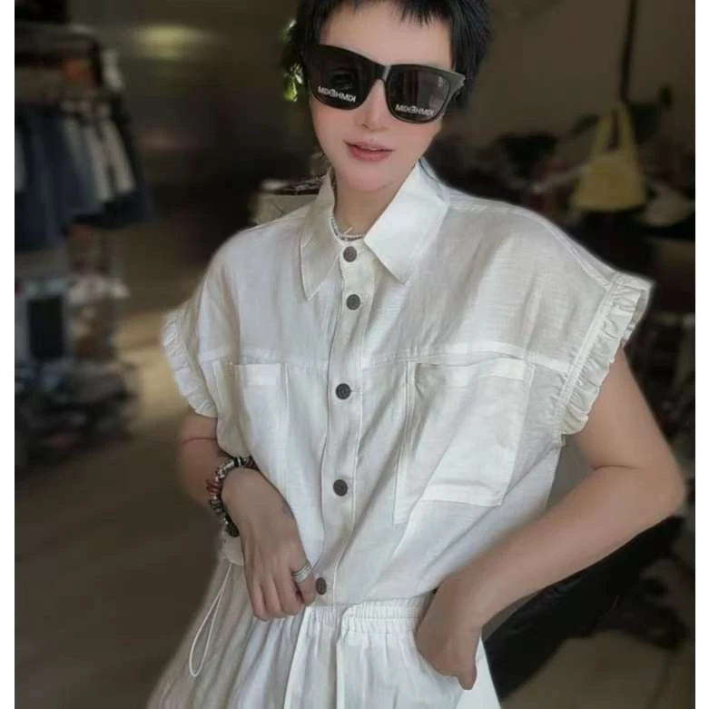 【济州岛】25238木耳花边拼接短袖衬衫+短裤套装