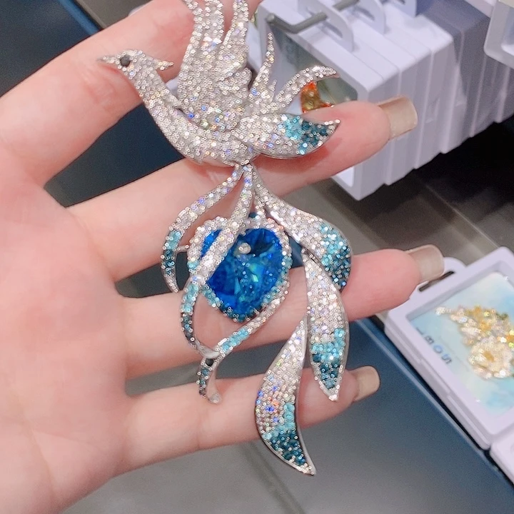 锆石铜合金高档凤凰胸针 蓝色