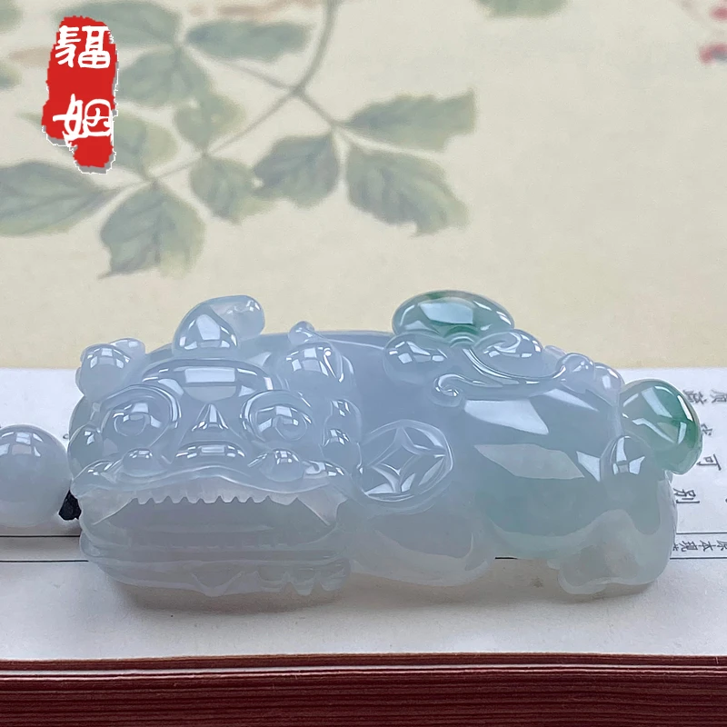 福姻翡翠霸王貔貅吊坠飘花玉貔貅天然A货挂件带证书缅甸